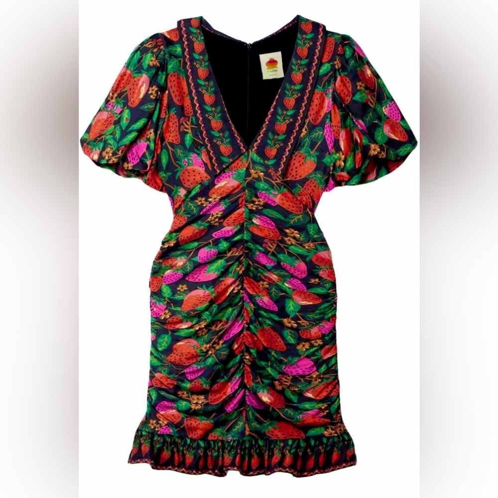 FARM Rio Black Mini Dress with Red, Pink & Green Strawberry Motif